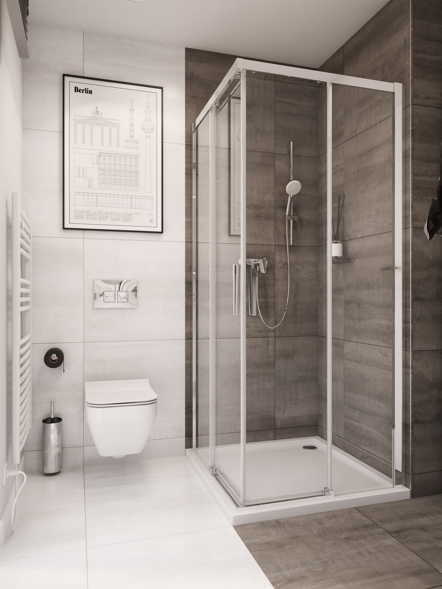 Brązowo-biała łazienka z elementami w kolorze naturalnego drewna.