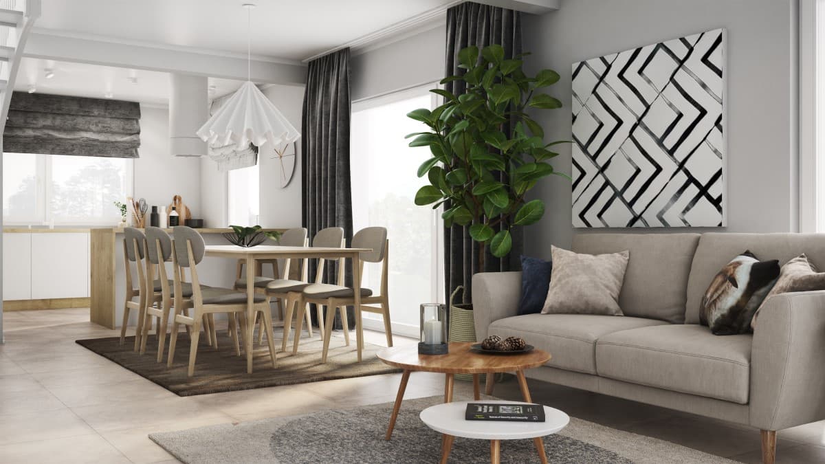 Strefa dzienna w neutralnych kolorach z drewnianymi akcentami