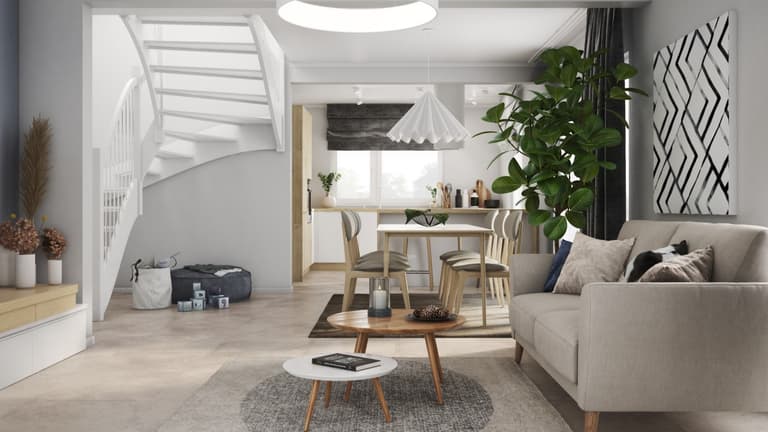 Strefa dzienna w neutralnych kolorach z drewnianymi akcentami