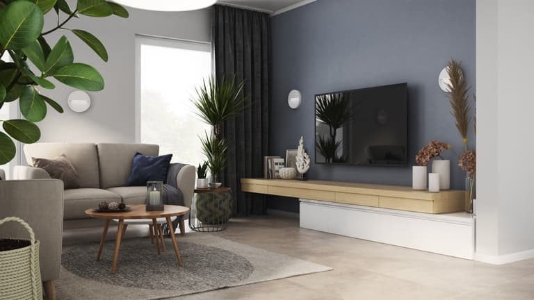 Strefa dzienna w neutralnych kolorach z drewnianymi akcentami