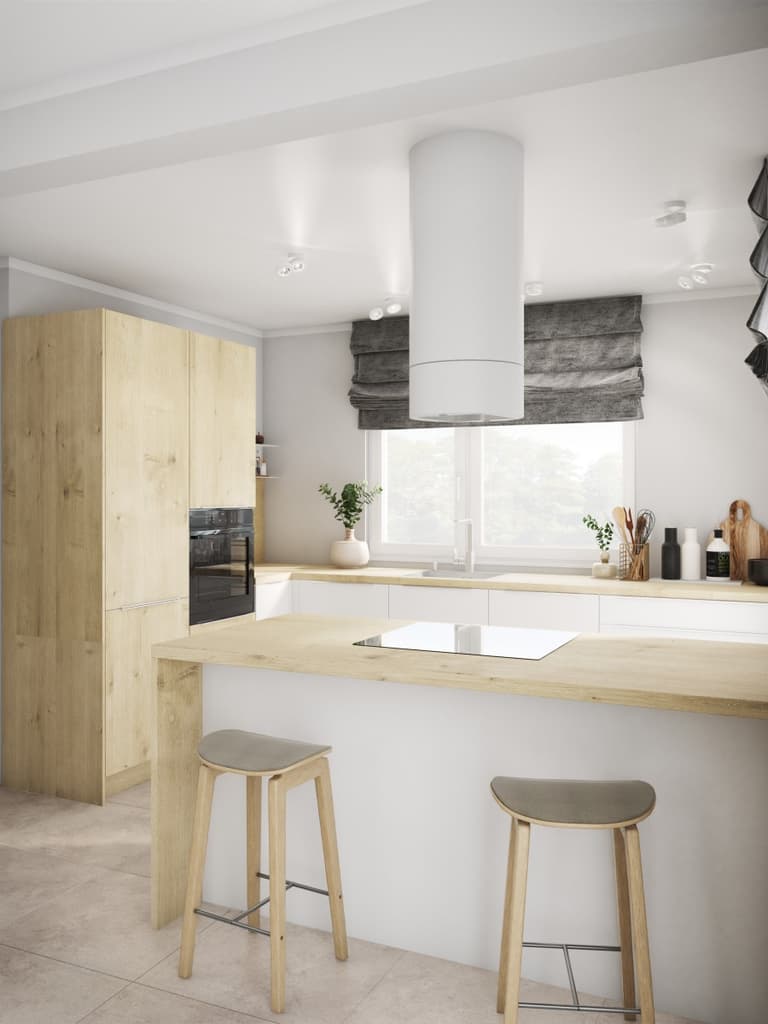 Strefa dzienna w neutralnych kolorach z drewnianymi akcentami