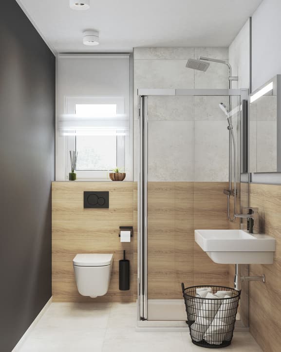 Łazienka dla gości z jasnymi drewnianymi płytkami, jasną podłogą i ciemną grafitową ścianą