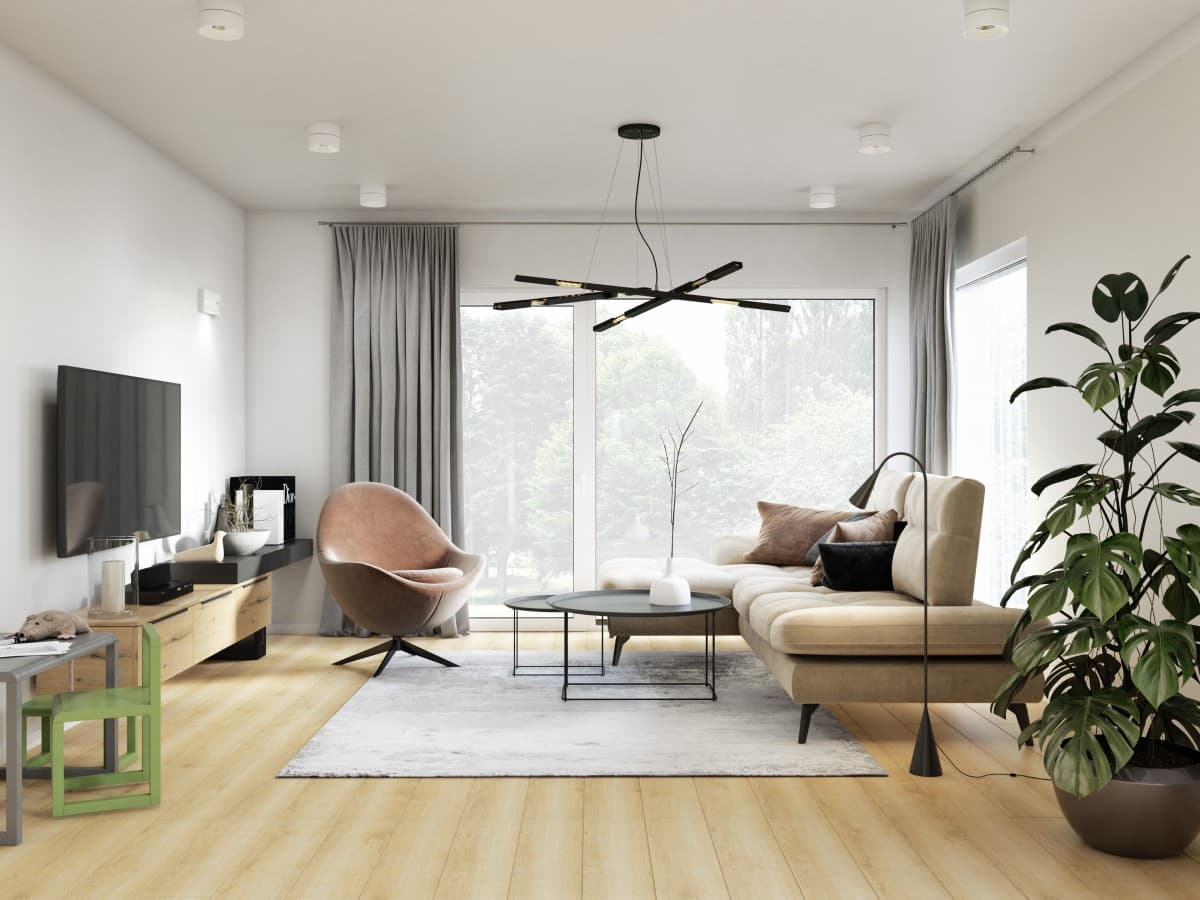 Elegancka strefa dzienna z białymi ścianami i jasną drewnianą podłogą