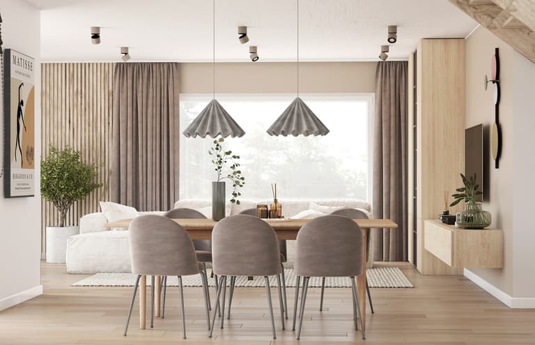 Jasny wystrój strefy dziennej w ciepłych, naturalnych odcieniach