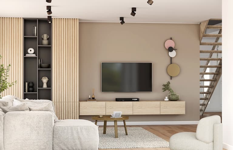 Jasny wystrój strefy dziennej w ciepłych, naturalnych odcieniach