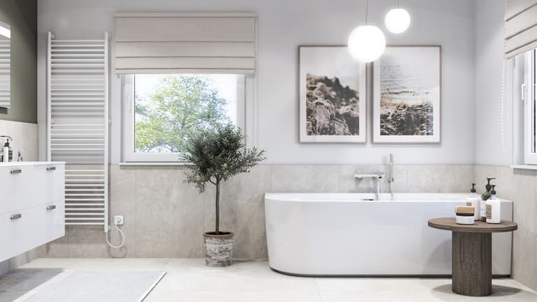 Minimalistyczna łazienka z płytkami w kolorze jasnego betonu i drewnianymi dodatkami