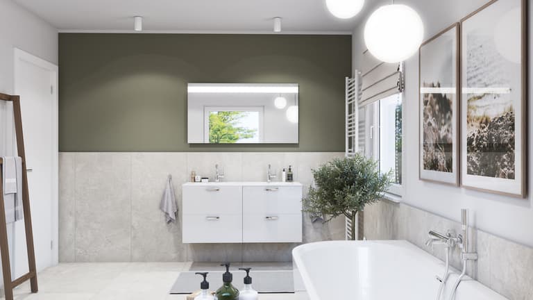 Minimalistyczna łazienka z płytkami w kolorze jasnego betonu i drewnianymi dodatkami