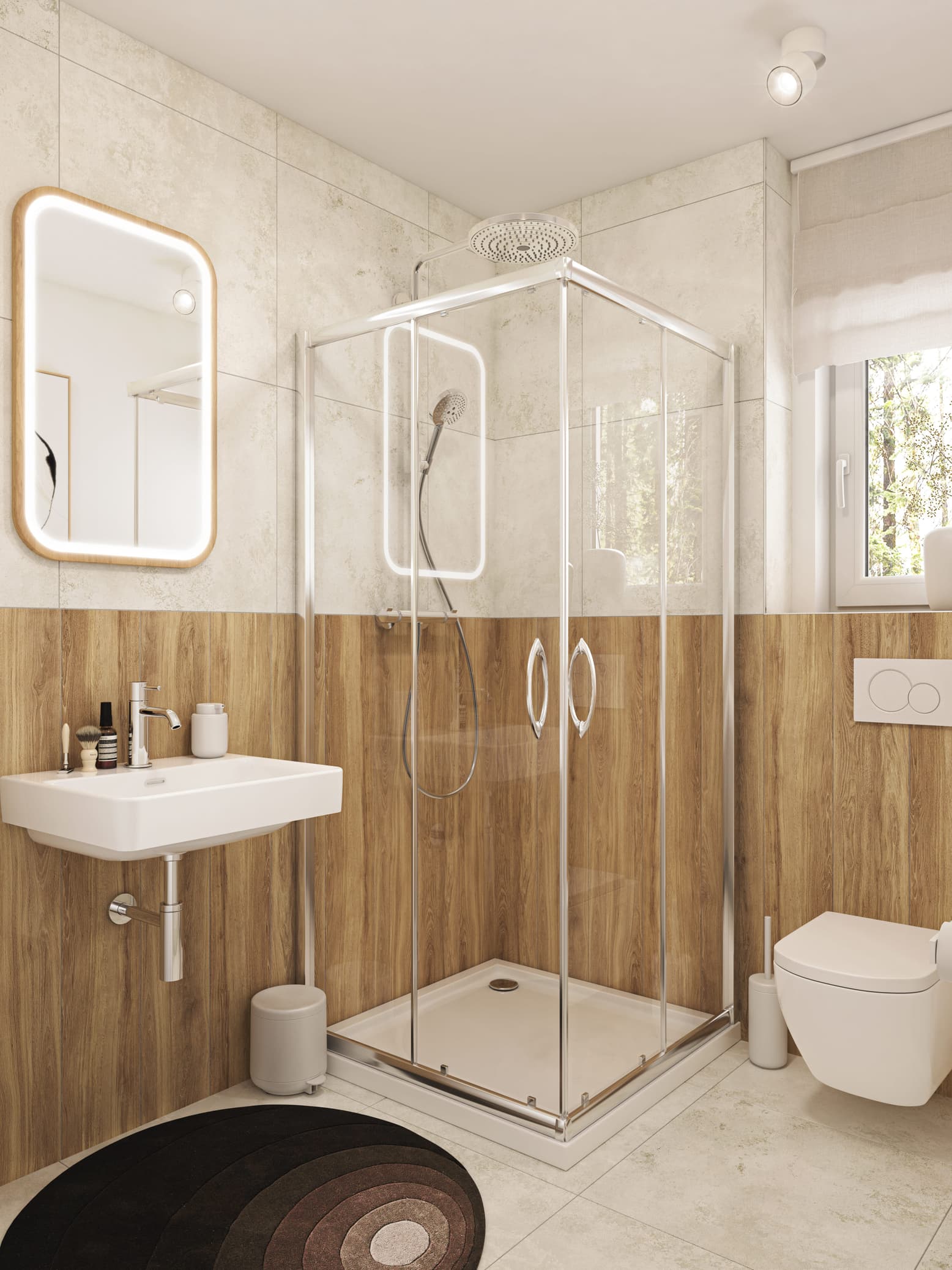 Jasna łazienka z elementami drewnianymi