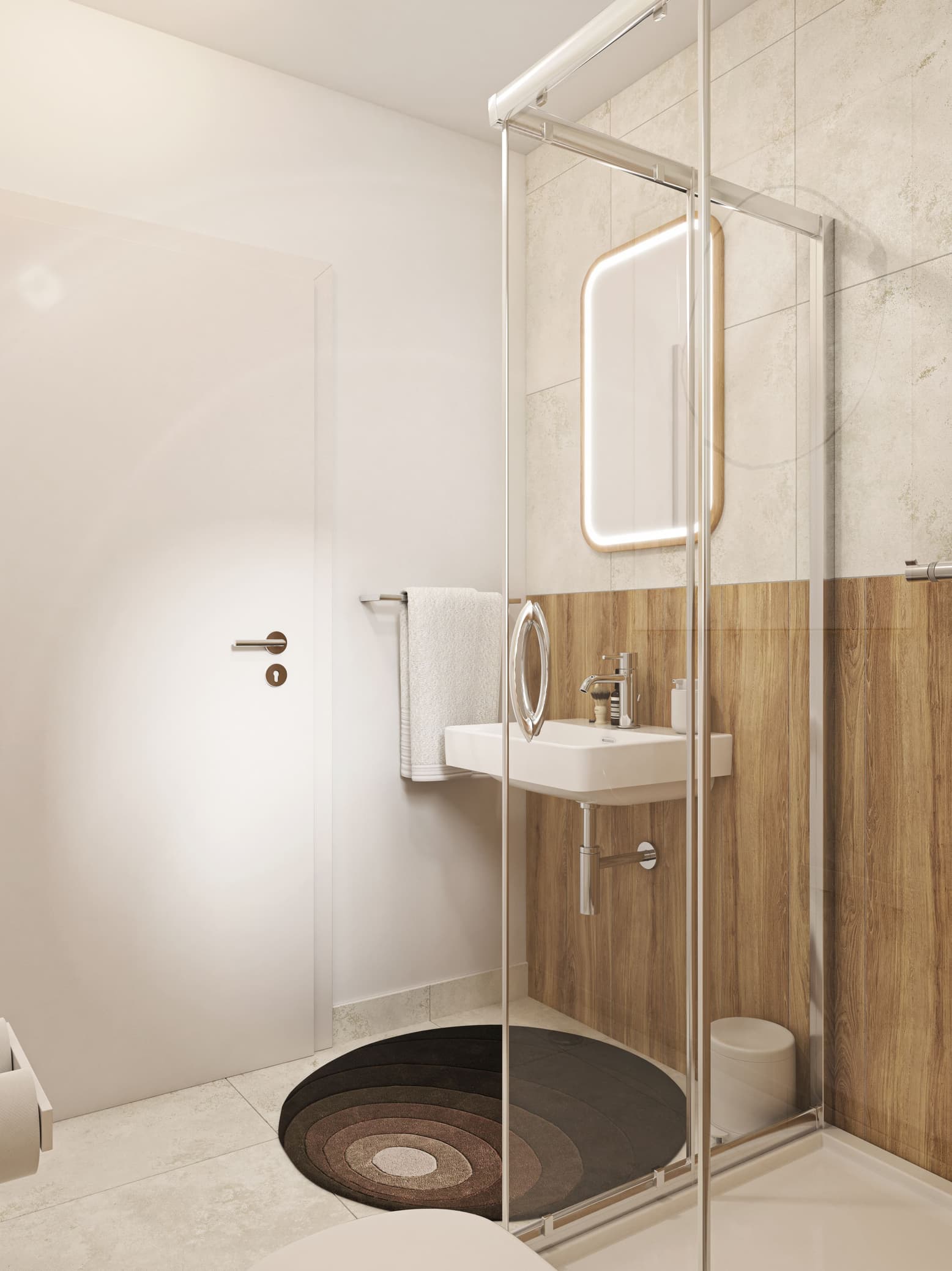 Jasna łazienka z elementami drewnianymi