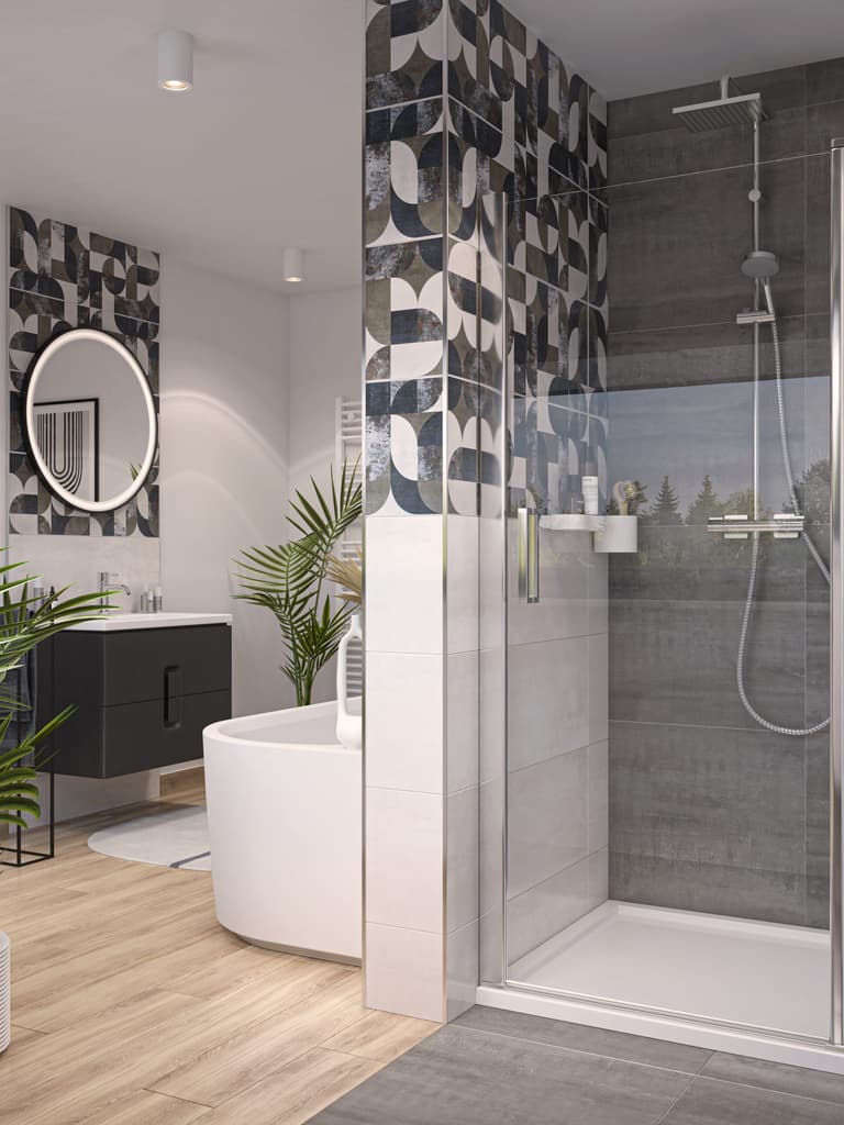 Łazienka z płytkami o geometrycznym wzorze w różnych odcieniach szarości i drewnianą podłogą