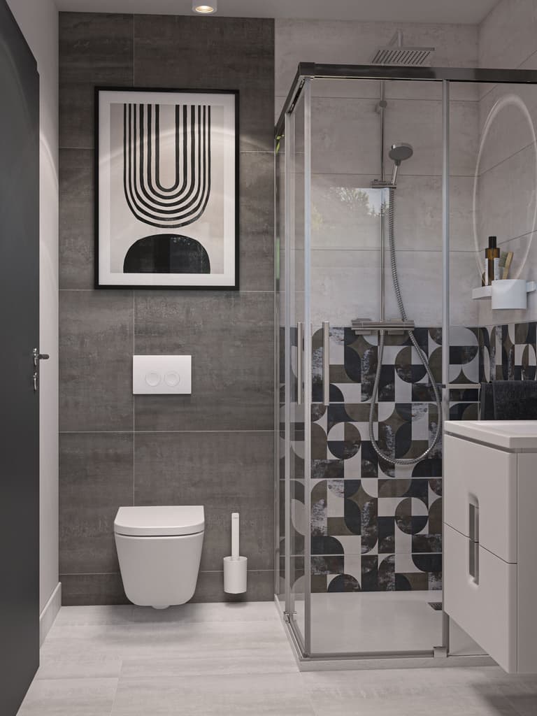 Nowoczesna łazienka w kolorze białym i szarym z geometrycznym wzorem w kabinie prysznicowej