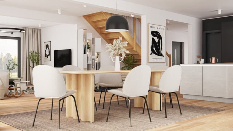 Otwarta przestrzeń strefy dziennej w kolorze białym, szarym i imitującym drewno