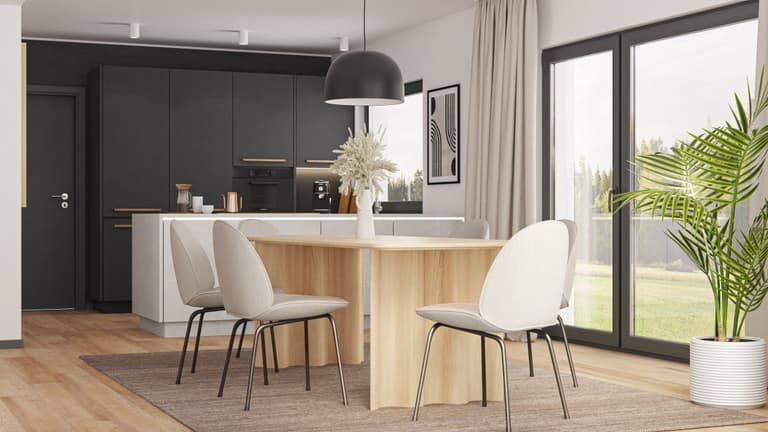 Otwarta przestrzeń strefy dziennej w kolorze białym, szarym i imitującym drewno