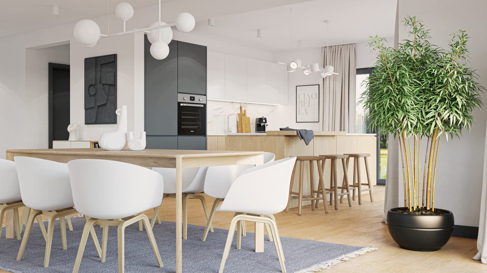 Salon i jadalnia w jasnych, stonowanych kolorach