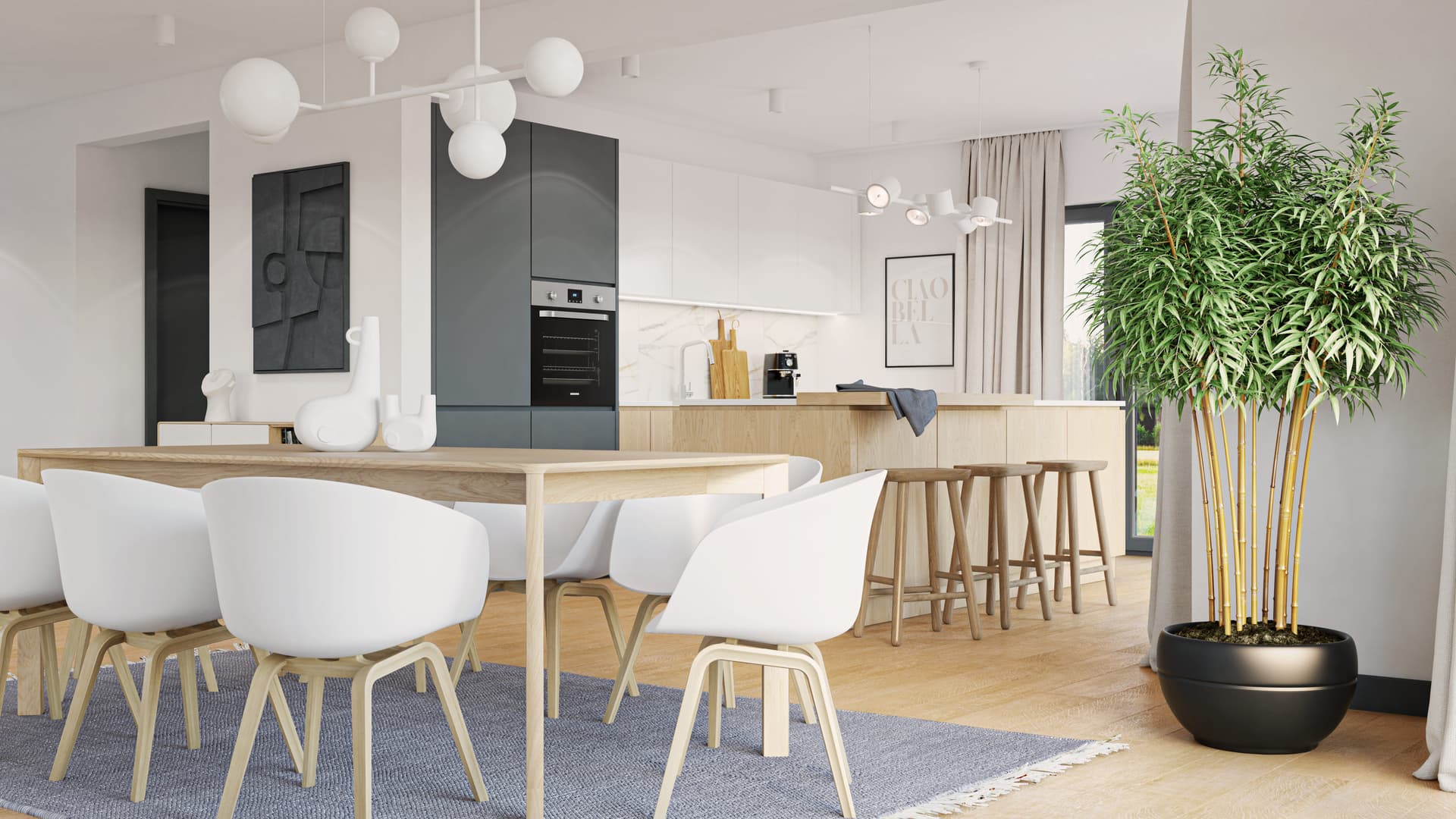 Salon i jadalnia w jasnych, stonowanych kolorach