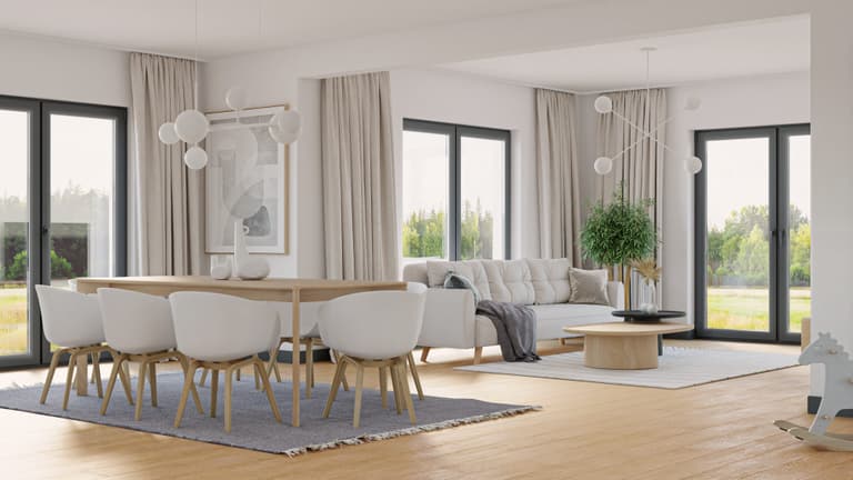 Salon i jadalnia w jasnych, stonowanych kolorach