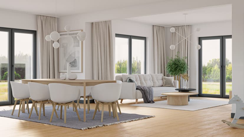 Salon i jadalnia w jasnych, stonowanych kolorach